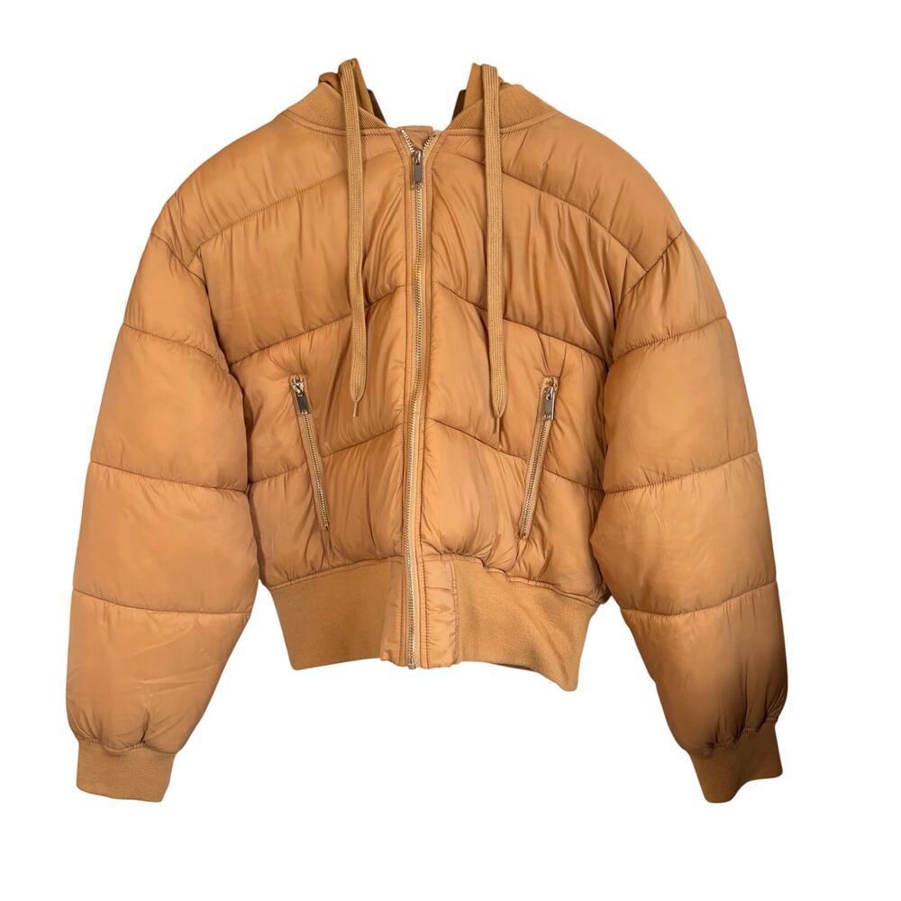Deluc womens short puffer coat. Sweatshirt hood, gold zip.  Quiet luxury. Size L